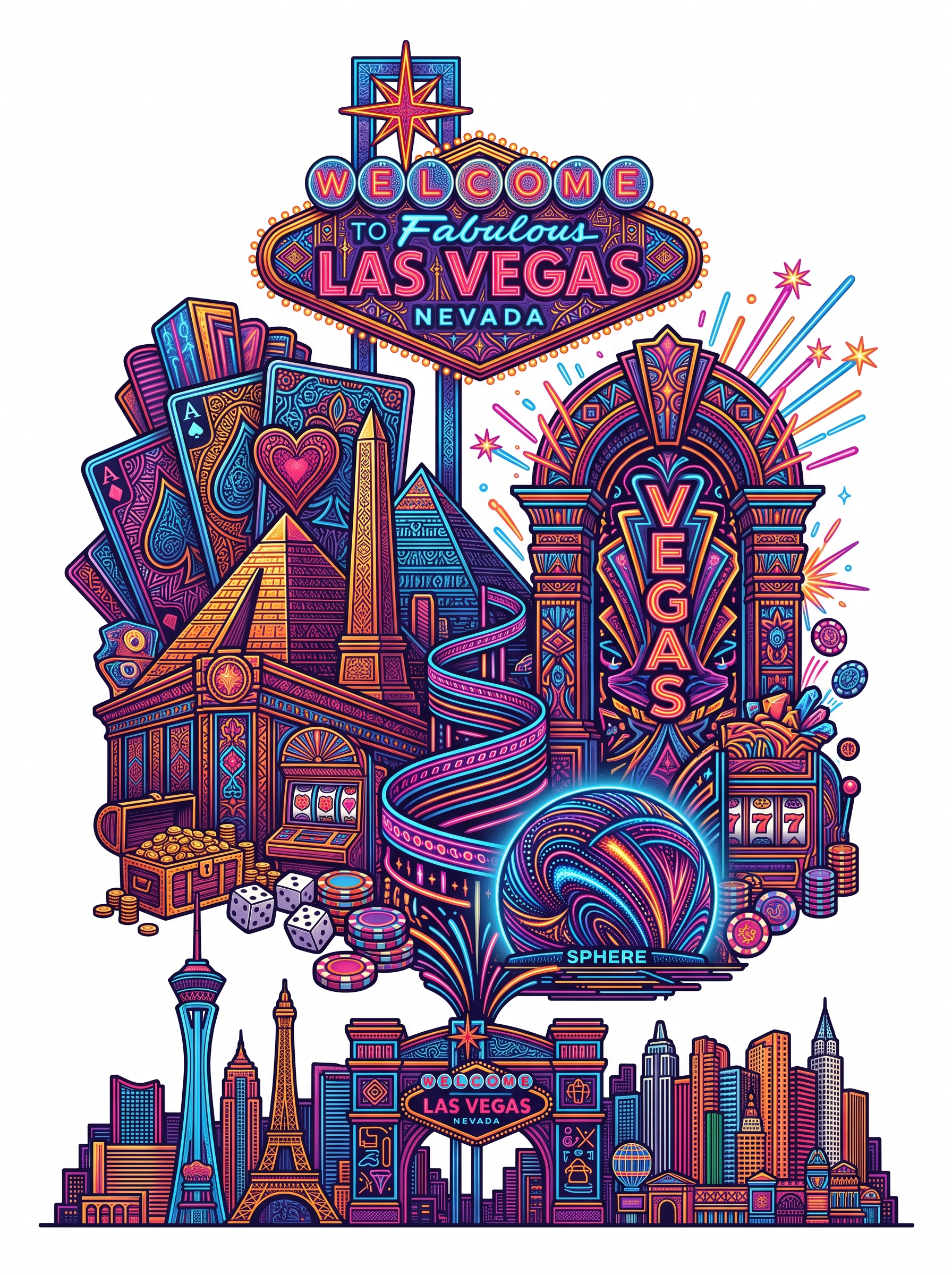 A vibrant and lively illustration of Las Vegas, featuring iconic elements like the 'Welcome to Fabulous Las Vegas' sign, bright neon lights, casinos, and the city skyline at night.