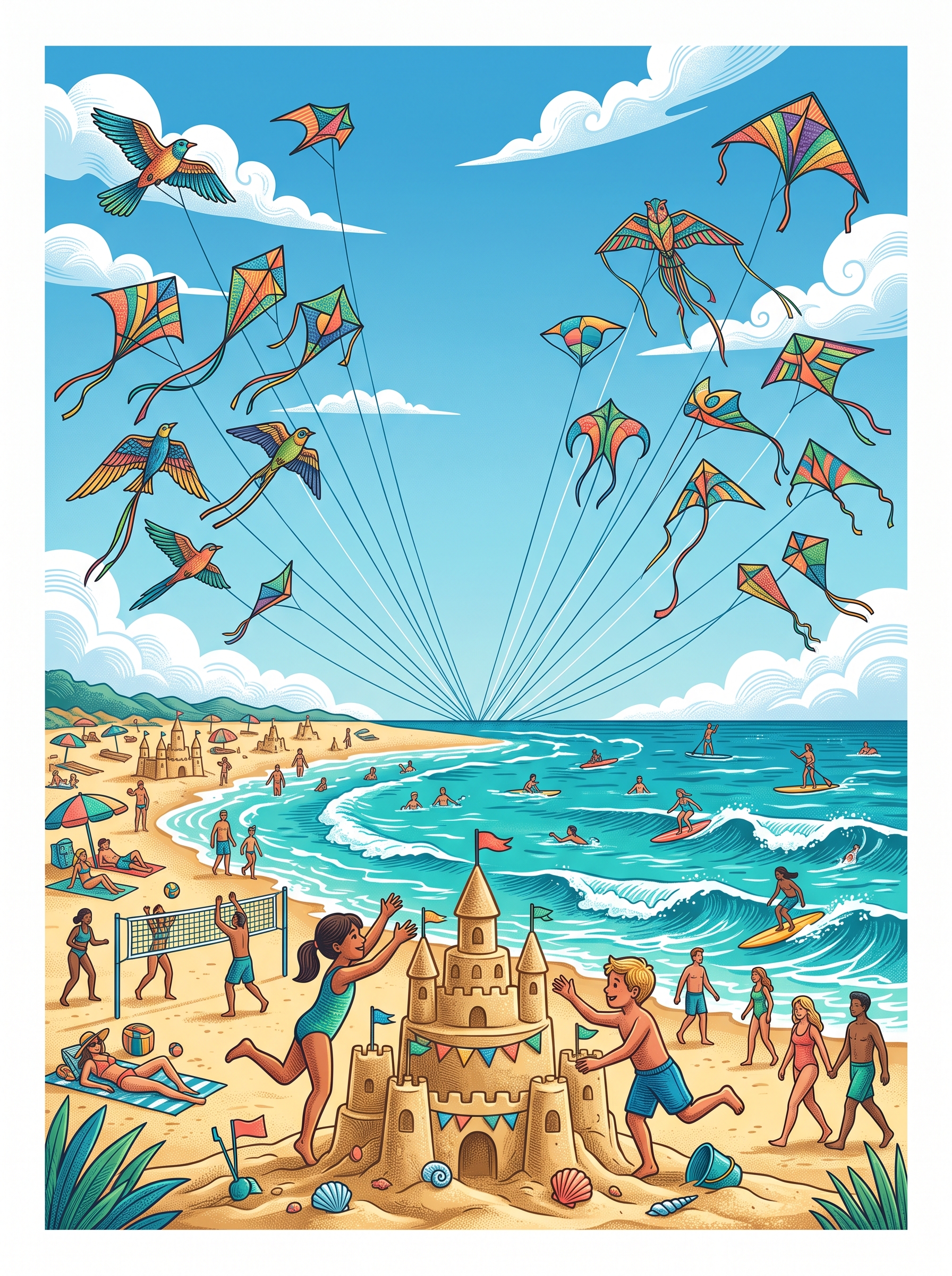 A summer-themed beach scene with sandcastles, people swimming, and kites flying in the sky.