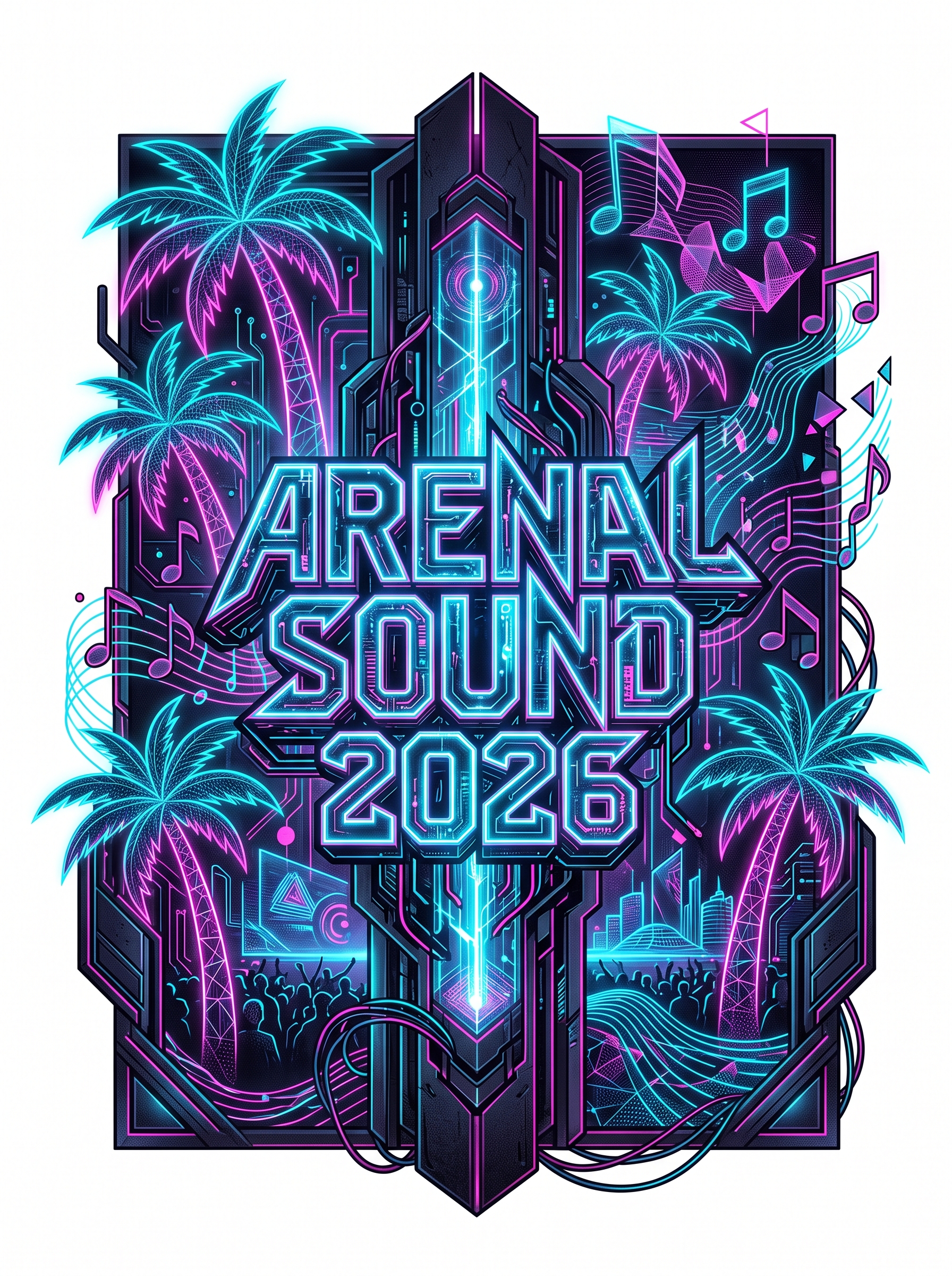 A vibrant and colorful festival-themed design for 'Arenal Sound 2026', capturing the energetic and lively atmosphere of a music festival. Include palm trees, music notes, and abstract patterns with the text 'Arenal Sound 2026' in a bold, artistic font.