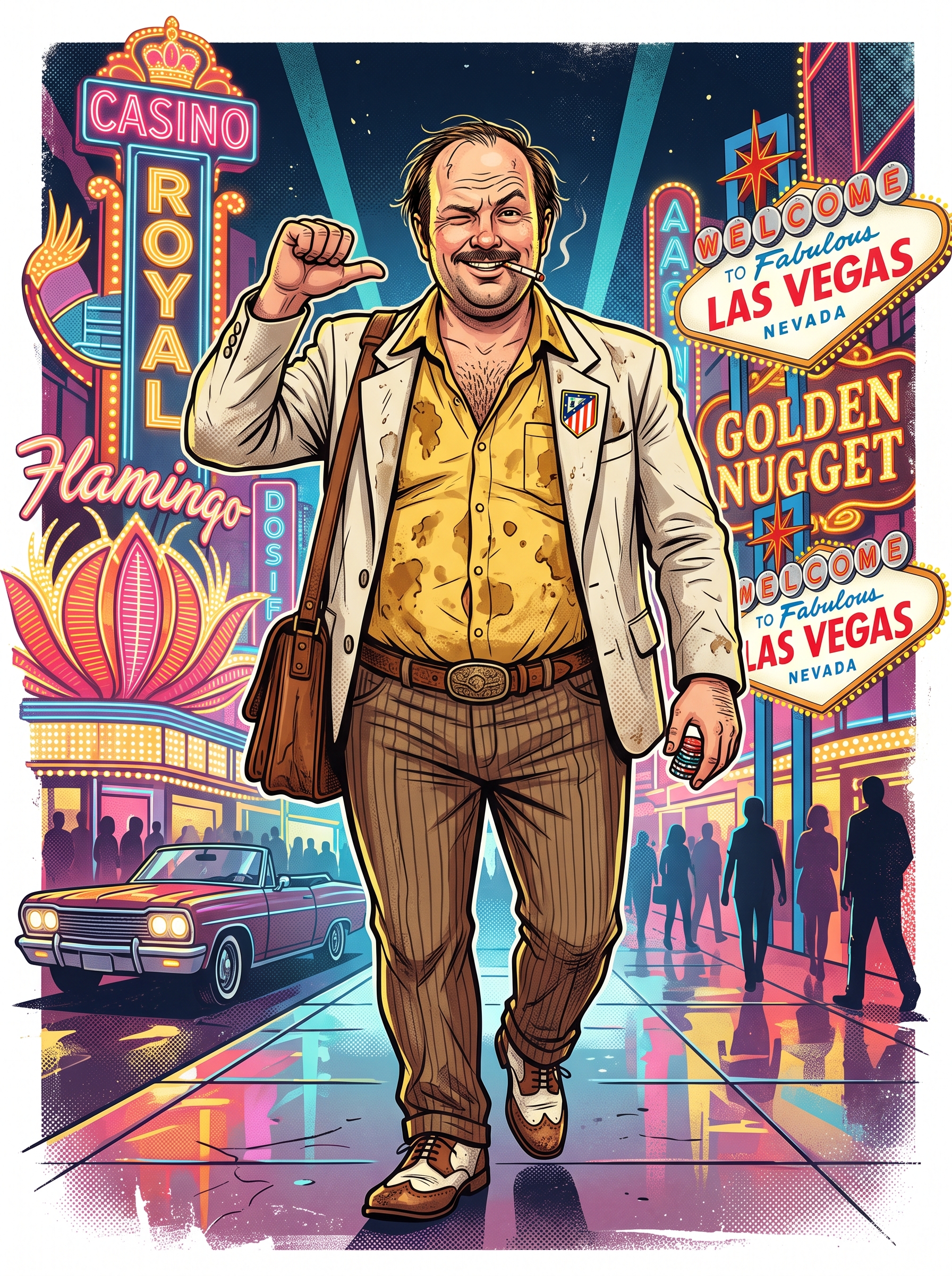 A humorous illustration of Torrente, the fictional Spanish character, confidently strutting down the bright, busy streets of Las Vegas at night, surrounded by neon lights and iconic landmarks.