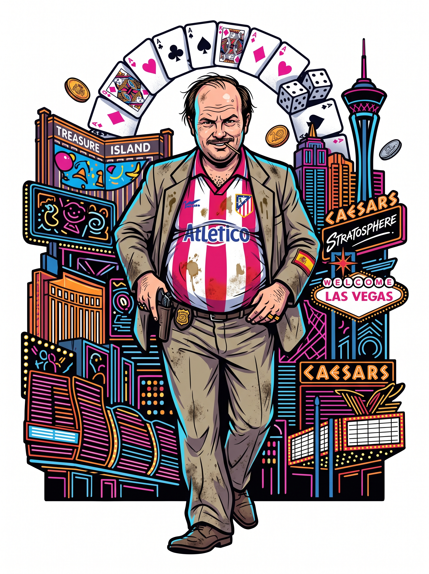 A humorous illustration of Torrente, the fictional Spanish detective, confidently strutting down the vibrant streets of Las Vegas. The scene should capture the iconic Las Vegas lights and atmosphere with Torrente in his classic attire.