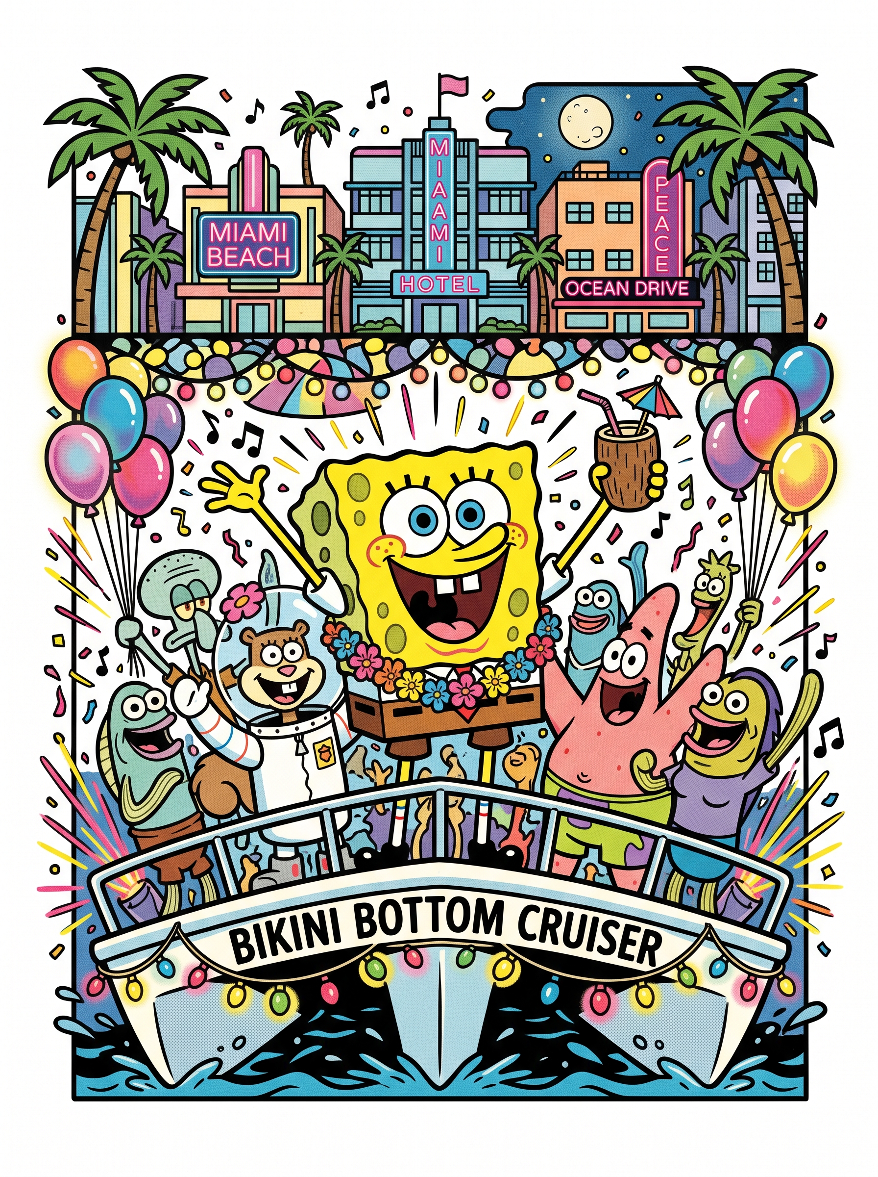 Bob Esponja de fiesta en un barco en Miami, rodeado de luces de fiesta y un ambiente alegre y festivo.