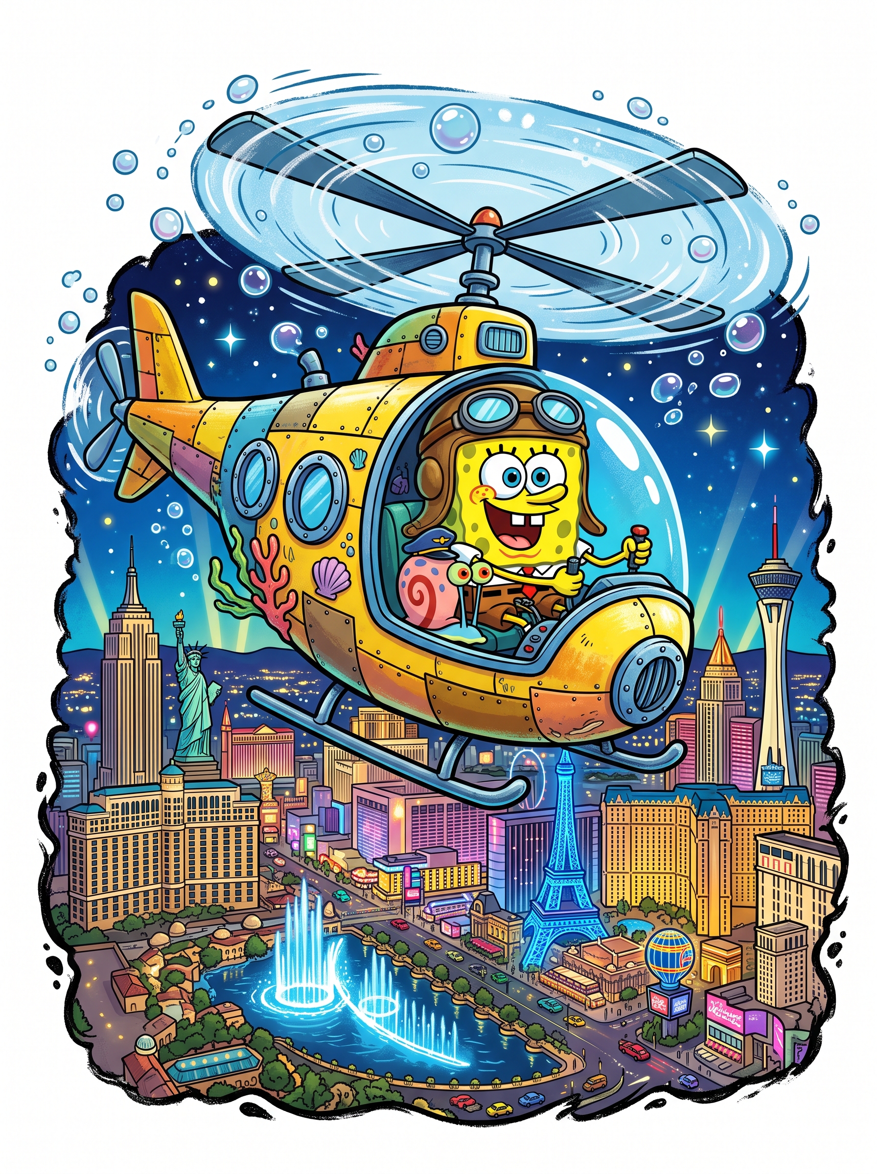Bob Esponja en Helicóptero sobre Las Vegas