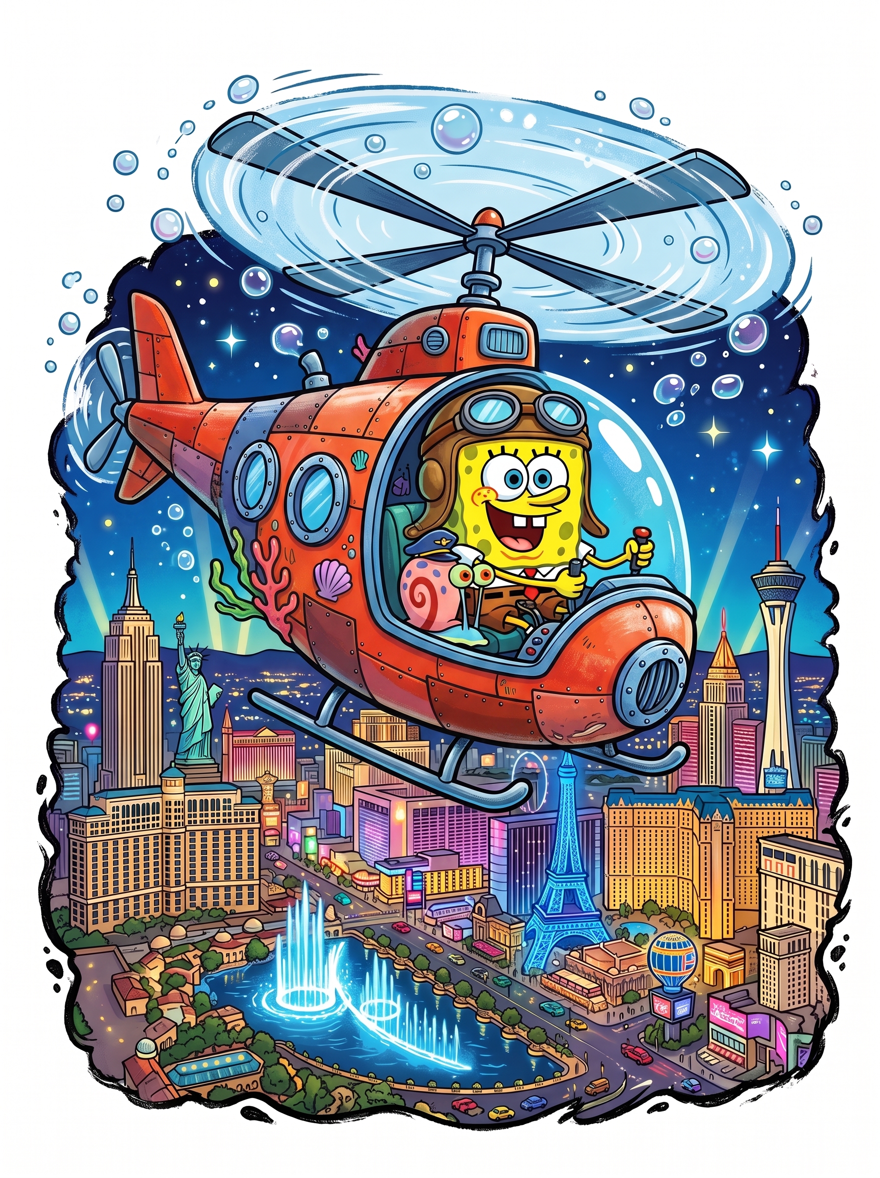 Bob Esponja en Helicóptero Rojo sobre Las Vegas